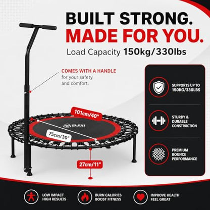 40" Mini Rebounder Fitness Trampoline for Adults with Bungee Cords and Safety Bar. 330LBS/150KG Weight Limit, Ideal for Indoor Outdoor Home Gym Workouts.
