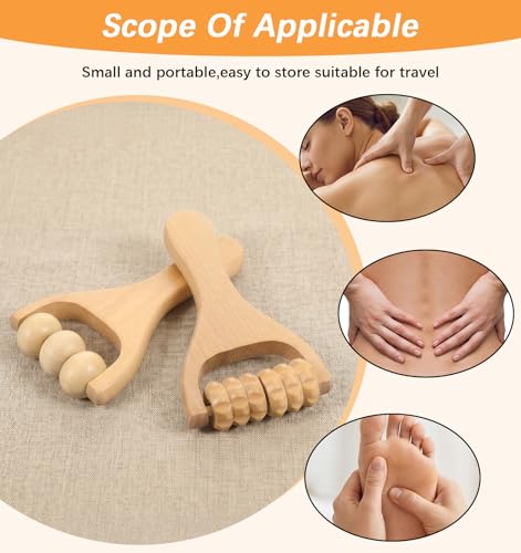 2 Pcs Wooden Massage Roller Handheld Bead Massage Tool for Muscle Relief, Body Care Manual Tool for Neck Back Leg Foot, Handheld 3 Bead Gear Roller for Home Gym Travel