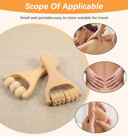 2 Pcs Wooden Massage Roller Handheld Bead Massage Tool for Muscle Relief, Body Care Manual Tool for Neck Back Leg Foot, Handheld 3 Bead Gear Roller for Home Gym Travel