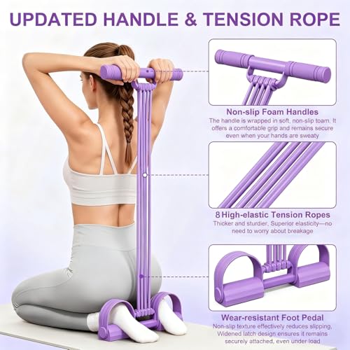 3-in-1 Pedal Resistance Band with Handle, 8-Tube Exercise Bands with Handles, Detachable Multifunctional Resistance Bands for Ab/Waist/Arm/Leg Stretching & Workout (Purple)