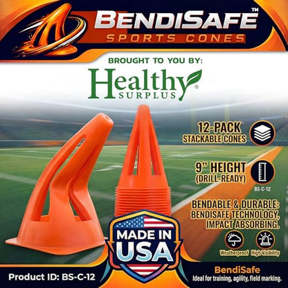 Healthy Surplus Soccer Training Markers (12) - Flexible Agility Markers for Soccer, Football, Hockey & Basketball Drills - High Visibility Orange Field Markers - Made in USA - BendiSafe