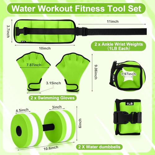 6 Pcs Water Aerobics Equipment Set Full Body Pool Exercise Kit, 2 Aqua Dumbbells, 2 Adjustable Ankle/Wrist Weights, 2 Webbed Swim Gloves, Low Impact Aquatic Workout Gear