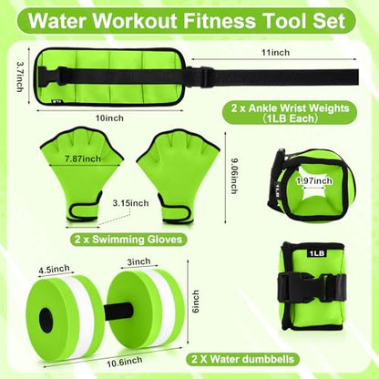 6 Pcs Water Aerobics Equipment Set Full Body Pool Exercise Kit, 2 Aqua Dumbbells, 2 Adjustable Ankle/Wrist Weights, 2 Webbed Swim Gloves, Low Impact Aquatic Workout Gear