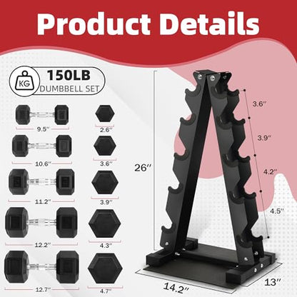 150 lb Dumbbell Set with Rack – 5/10/15/20/25 lb Pairs, Rubber Hex Weights for Home Gym, Cast Iron A-Frame Storage Stand for Full-Body Workout