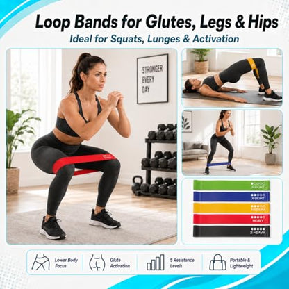 Exercise Bands Resistance Bands Set, 5 Pull Up Bands and 5 Loop Bands with Door Anchor, 2 Handles, Carry Bag and Training Guide for Women Men, Home Workout, Strength Training