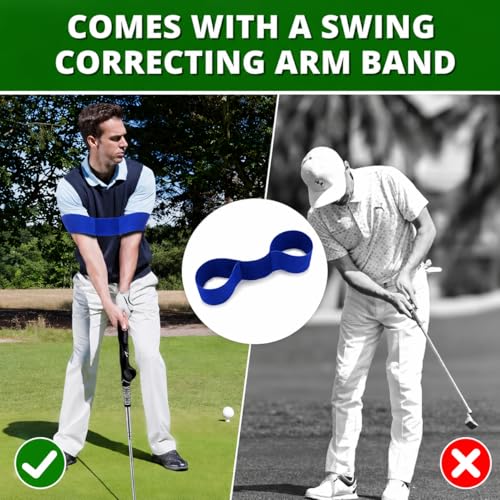 Retractable Golf Swing Trainer, Golf Training Aid with Arm Band for Strength & Tempo Training, Golf Grip Trainer for Right-Handed Chipping Hitting, Indoor & Outdoor Practice