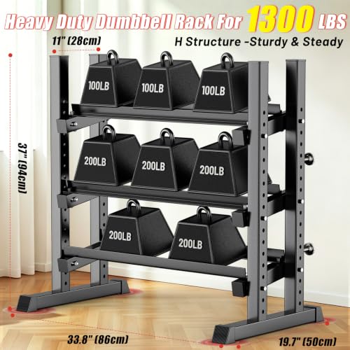 3-Tier Adjustable Dumbbell Rack, Heavy-Duty Weight Rack for Home Gym, Space-Saving Weight Storage Rack for Dumbbells, Kettlebells, Barbells & Plates (Rack Only) - size: 33.8X19.7X37inch