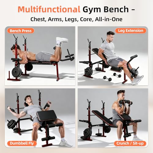 Weight Bench, Adjustable Weight Bench with Bench Press Rack, 550 LB Foldable Weight Lifting Bench with Leg Extension, Preacher Curl Pad & 5-Level Barbell Holder for Home Gym Strength Training