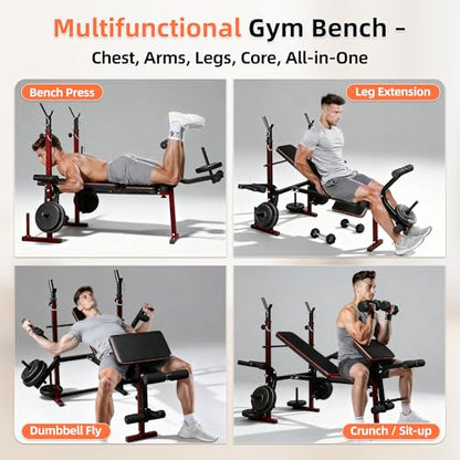 Weight Bench, Adjustable Weight Bench with Bench Press Rack, 550 LB Foldable Weight Lifting Bench with Leg Extension, Preacher Curl Pad & 5-Level Barbell Holder for Home Gym Strength Training