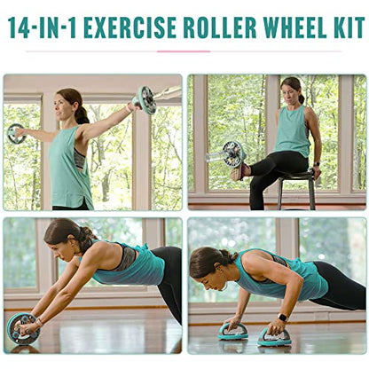 Elevens Ab Roller Wheel for Training Abdomen & Core Strength, 14-in-1 Exercise Equipment for Abs Workout at Home Gym Fitness Yoga for Women（Green)