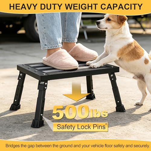 500 lbs Heavy Duty RV Step Stool, Foldable Extra Wide Platform, 3 Adjustable Heights, Rust-Proof Aluminum Legs, Non-Slip Blow-Molded Surface, Portable Step for RV, Trucks, SUVs & Pets (Black)