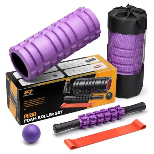 5 in 1 Foam Roller Set for Deep Tissue Muscle Massage, High Density Trigger Point Fitness Patented Exercise Foam Roller, Massage Roller, Massage Ball, Resistance Band, for Whole Body(Purple)