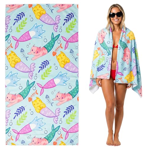 Large Mermaid Cat Microfiber Beach Towel, Cute Oversized 71" x 35" XL Sand Free Quick Dry Absorbent Compact Travel Towel for Beach Pool Gym Yoga Bath Camping, Funny Gifts for Men Women Summer Vacation - color: A6-catfish-blue