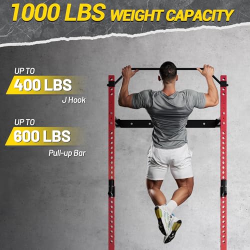 Folding Squat Rack Wall Mounted, 1000LBS Foldable Squat Rack for Home Gym and Garage, 2.4x2.4in Thick Steel with Pull Up Bar, J Hooks & Landmine Attachments, Space Saving Home Gym Power Cage