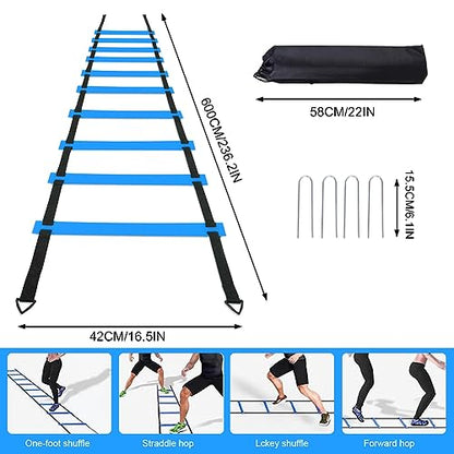 Soccer Speed Agility Training Set - 20FT Agility Ladder 12/16 Sports Cones and Soccer Kick Trainer Football Training Equipment Footwork Drills for Youth and Adults - color: Blue, style: Agility Ladder+Cones
