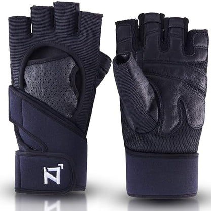 OOZi Fingerless Workout Gloves for Men Women with Wrist Wrap Support for Weight Lifting, Gym, Workout, Exercise, Fitness Training, Durable Genuine Leather Palm Grips