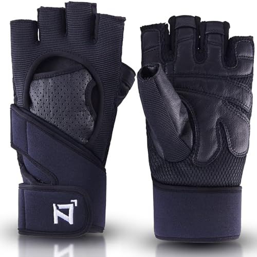 OOZi Fingerless Workout Gloves for Men Women with Wrist Wrap Support for Weight Lifting, Gym, Workout, Exercise, Fitness Training, Durable Genuine Leather Palm Grips