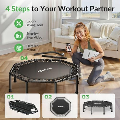 BCAN BT3 51" Octagonal Rebounder Trampoline for Adults, 450LBS Max Load Fitness Trampoline with Large Jumping Area, Silent Bungee Mini Trampoline with T-Adjustable Handle for Home Gym