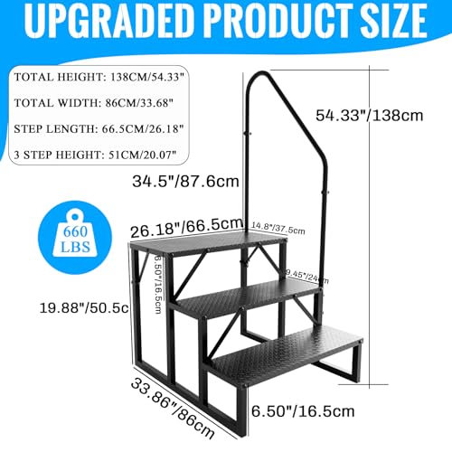 3 Step RV Stairs with Handrail, 660LBS Heavy Duty Anti-Slip Metal Steps, Detachable Outdoor Stairs for Hot Tub/5th Wheel/Pool/Mobile Home - style: 3 Step 1 Handrail