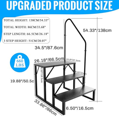 3 Step RV Stairs with Handrail, 660LBS Heavy Duty Anti-Slip Metal Steps, Detachable Outdoor Stairs for Hot Tub/5th Wheel/Pool/Mobile Home - style: 3 Step 1 Handrail