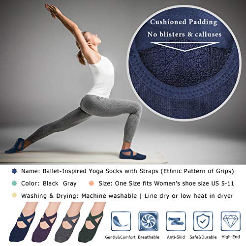 Ozaiic Pilates Socks for Women Non Slip Grip Yoga Barefoot Indoor Workout - color: 4 Pairs - Navy/D.gray/ D.green/D.purple