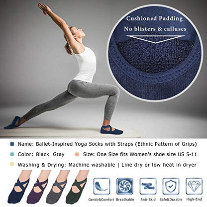 Ozaiic Pilates Socks for Women Non Slip Grip Yoga Barefoot Indoor Workout - color: 4 Pairs - Navy/D.gray/ D.green/D.purple