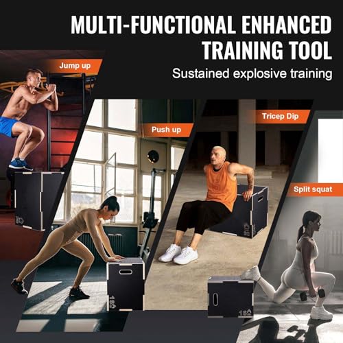 Plyometric Jump Box 3 in 1, 24/20/16 Inch Wood Plyo Box, Agility Platform, Step Up Box for Home Gym - Black, Strength & Conditioning
