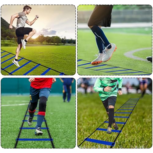 Professional Agility Ladder Speed Training Equipment Set-20ft Agility Ladder,12 Soccer Cones, 4 Agility Hurdles, Running Parachute, Suitable for Soccer Football Basketball Training