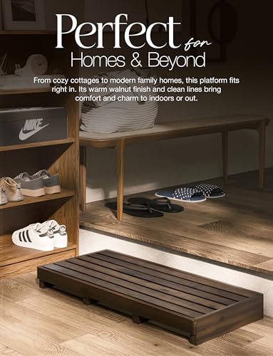One Step Stool for Elderly (35" Length) - Acacia Wood High Riser Step Stool with Non-Slip Pads - 550 Lbs Wooden Mobility Stepping Stools for Handicap, Bed, Bathroom, Kitchen (Walnut) (Patented) - color: Walnut