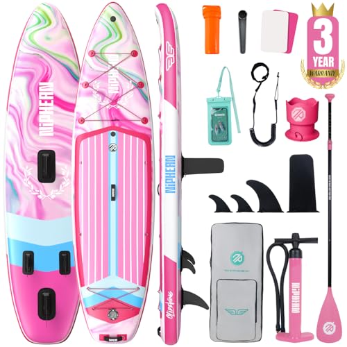 Niphean (Extra Large) Inflatable Paddle Board, SUP for 2+1 People/Family 500lbs Capacity Stand Up Paddle Board with SUP Accessories, StabilTrac Fin Non-Slip Paddleboard for Adults - color: Rose Red