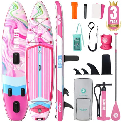 Niphean (Extra Large) Inflatable Paddle Board, SUP for 2+1 People/Family 500lbs Capacity Stand Up Paddle Board with SUP Accessories, StabilTrac Fin Non-Slip Paddleboard for Adults - color: Rose Red