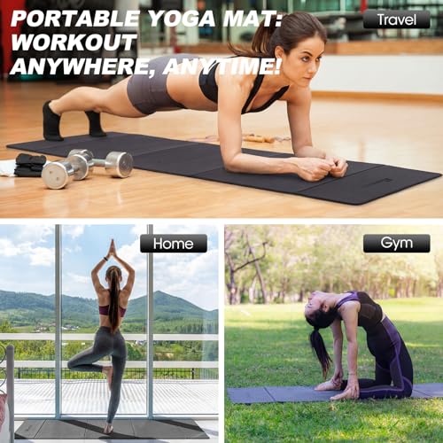 Nuanchu 3 Packs Foldable Yoga Mat Yoga Gift Non-slip Fitness Pilates Mats 6mm Thick with Strap Poe Material 69 x 24 x 0.24" Lightweight Multi-purpose Workout Mats for Exercise Home Travel - color: Black