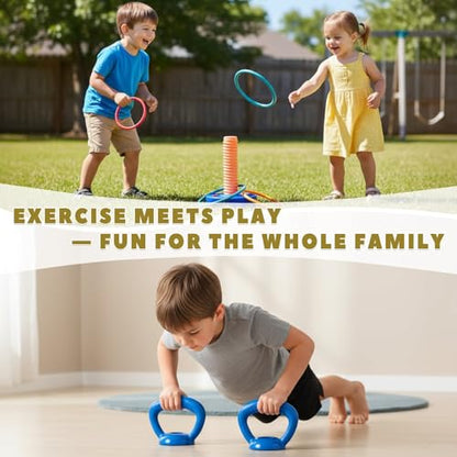 OCES 5-in-1 Kids Weight Set — Adjustable Fillable Toddler Weights Gym Set (Barbell, Dumbbells, Kettlebell, Ring Toss, Push-up) Kids Workout Equipment Beginner Home Gym Play Exercise Fitness Toy