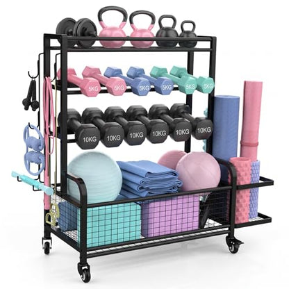 4-Tier Dumbbell Rack & Home Gym Storage, Heavy-Duty Weight Rack Stand with Lockable Wheels, 350LBS Capacity Workout Equipment Organizer for Kettlebells, Yoga Mats and Balls, Black