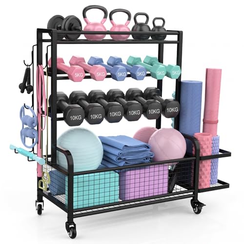 4-Tier Dumbbell Rack & Home Gym Storage, Heavy-Duty Weight Rack Stand with Lockable Wheels, 350LBS Capacity Workout Equipment Organizer for Kettlebells, Yoga Mats and Balls, Black