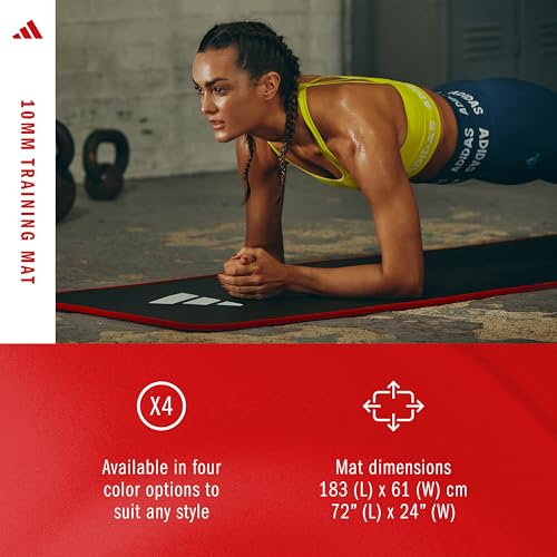 adidas 10mm Extra Thick Training Mat with Carrying Strap and Non-Slip Textured Base - Cushioned Workout Mat for Home Gym, Floor Workouts, and Intense Exercises - Portable and Durable
