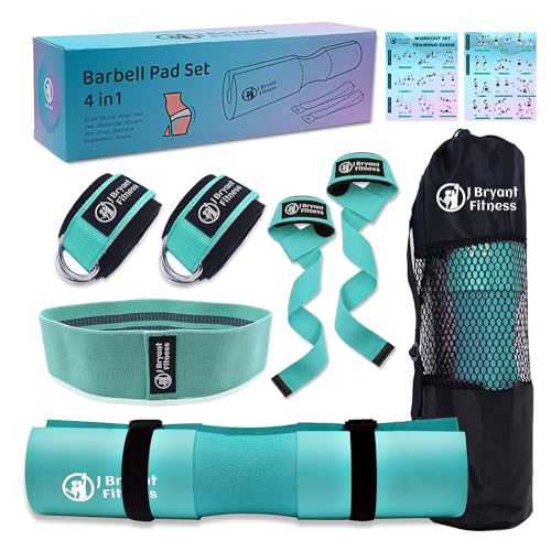 J Bryant Barbell Pad Set with 2 Ankle Straps for Cable Machines Hip Resistance Band Weight Lifting Straps Thick Cushion Hip-Thrusts Pad with Carry Bag for Squats Bench Press Workout - color: lakegreen set
