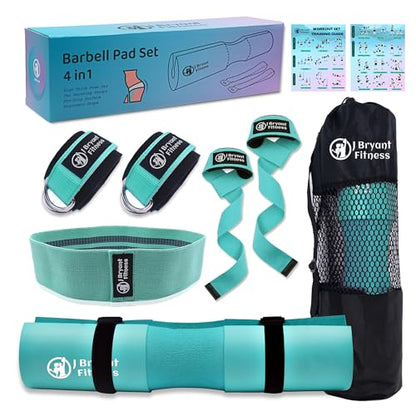 J Bryant Barbell Pad Set with 2 Ankle Straps for Cable Machines Hip Resistance Band Weight Lifting Straps Thick Cushion Hip-Thrusts Pad with Carry Bag for Squats Bench Press Workout - color: lakegreen set