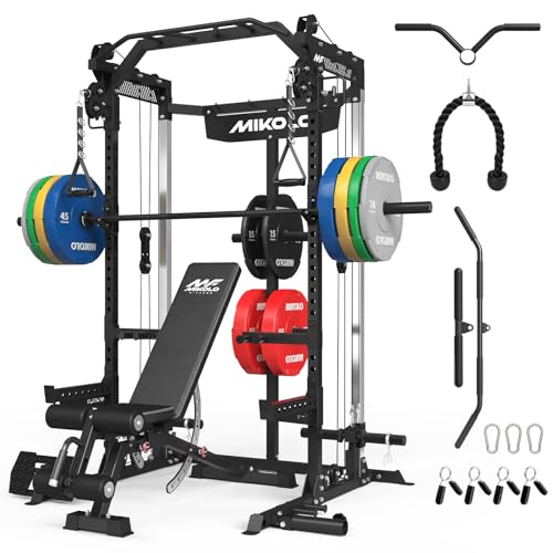 Mikolo Power Cage, 2000LB Power Rack with Independent Dual Pulley System, Multi-Function Home Gym Workout Machine for Cable Crossover and Squat - color: Black, size: 370LB Colored Package