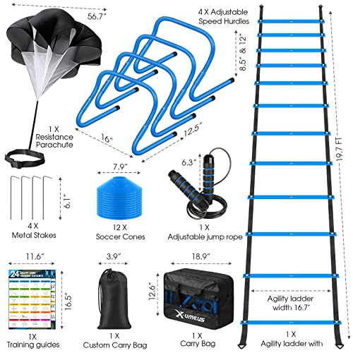 Agility Ladder Speed Training Equipment Set-20ft Agility Ladder,12 Soccer Cones,4 Hurdles, Jump Rope, Running Parachute| Basketball Football Soccer Training Equipment for Kids Youth Adults