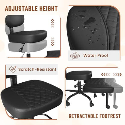 Homall Ergonomic Cross Legged Office Desk Chair with Wheels, 360° Swivel and Adjustable Height for Meditation and ADHD,Criss Cross Kneeling Chair with Lumbar Support (Leather, Black) - color: Black