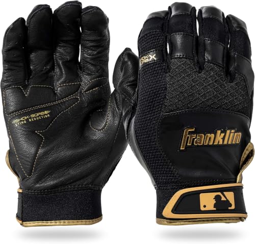 Franklin Sports MLB Baseball Batting Gloves - Shok-Sorb X Batting Gloves for Baseball + Softball - Adult + Youth Padded Non-Sting Batting Glove Pairs - Multiple Colors + Sizes - color: Black/Gold, size: Adult Large (Pack of 6)