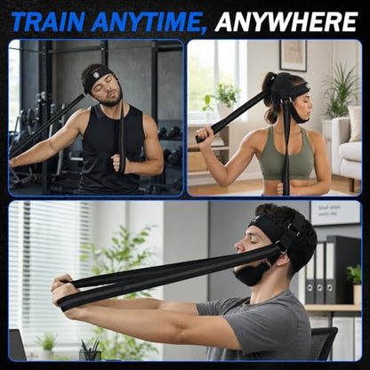 Neck Harness with Resistance Bands - Adjustable Head Trainer with Chin Pad & Top Strap for Strengthening - Manual Resistance Neck Exerciser for Boxing, Stretching and Posture Recovery - Portable Gym Equipment