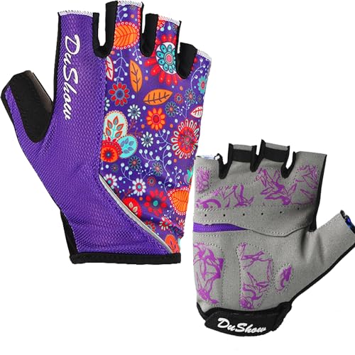 DuShow Women Half Finger Cycling Gloves, Pattern Printed with Anti-Slip Shock-Absorbing Pad for Road/Mountain Biking, Gym – Short Fingerless - color: Purple Flower, size: Small