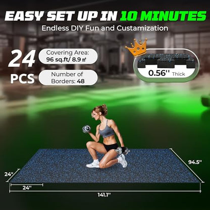 0.56" Rubber Top Gym Flooring, Heavy Duty Interlocking Gym Mats for Home Gym, Non-Slip Workout Mat, 24 x 24in Large Gym Floor Mat, Protect Floors from Weights & Equipment, 96 Sq Ft, Black/Blue