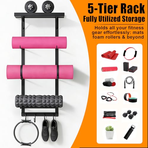 Black Wall Mount Yoga Mat Holder with Floating Shelf & 5 Hooks, Home Gym Storage Rack for Yoga Mats, Foam Rollers and Resistance Bands, Metal