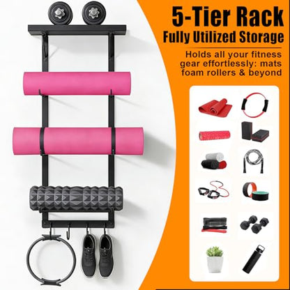 Black Wall Mount Yoga Mat Holder with Floating Shelf & 5 Hooks, Home Gym Storage Rack for Yoga Mats, Foam Rollers and Resistance Bands, Metal