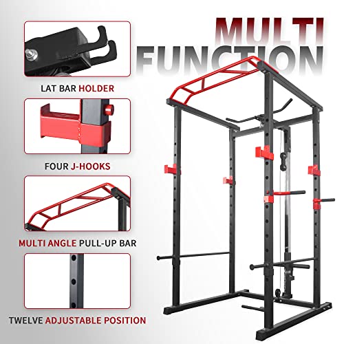 Power Cage 1000-Pound Capacity Exercise Stand Olympic Squat Cage Power Rack with LAT Pull-Down Attachment, Multi-Grip Pull-up Bar and Dip Handle for Men Women Strength Training Home Gym Equipment