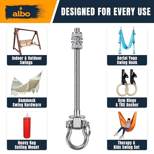 Albo 2 Pack Heavy Duty Swing Hangers – 8.7 Inch, 304 Stainless Steel, 1800 lbs Swivel Hooks for Hammock, Porch, Gym, Punching Bag, Yoga, Playground, Ceiling Mount for Wood & Concrete Indoor Outdoor - size: 8.7'' Bolt 2pcs