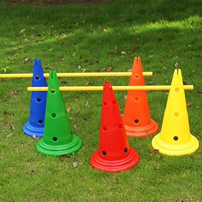 Football Training Cones, 5 Pieces Bright PE Agility Cones with Holes for Football Practice Obstacle Course Indoor Outdoor Speed Training Red Yellow Blue Green Orange